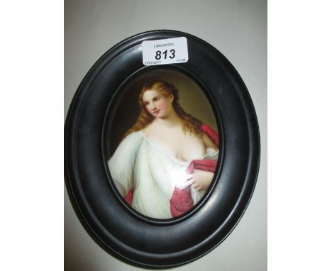19th Century Continental porcelain oval plaque painted with a portrait of a classical lady, 5ins x 3.5ins, in an oval ebonise