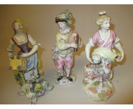 Samson Chelsea figure of a girl carrying a bird cage, Continental porcelain figure of a man with bagpipes and drum and a Cont