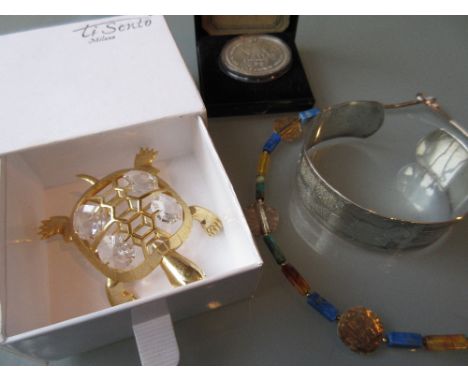 Silver necklet set turquoise, amber and lapis lazuli together with an Egyptian white metal bangle, gold plated and crystal tu