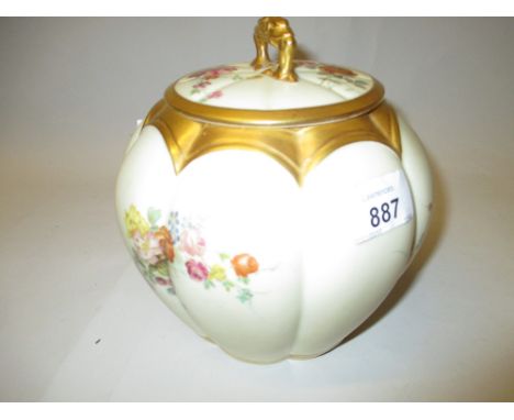 Royal Worcester blush ivory melon form jar and cover with floral decoration, printed mark in puce, 6.75ins high