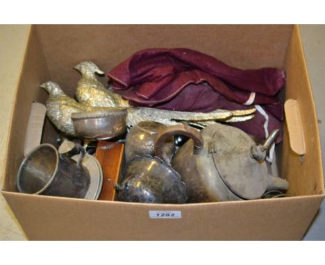 Box containing a quantity of various silver plated items including flatware, teaware etc.