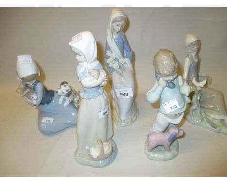Three various Lladro figures of children together with two Nao figures