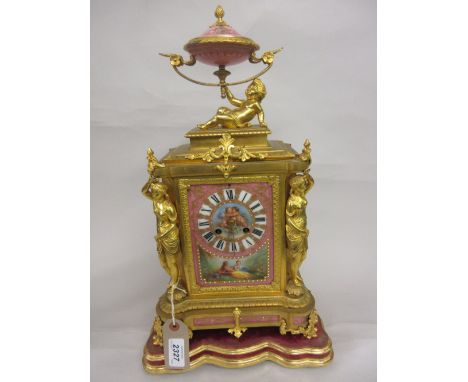 Fine quality 19th Century French ormolu and porcelain mounted mantel clock with putto and urn surmount, the case with figural