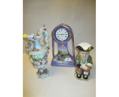 Art Nouveau style porcelain mantel clock, Capo di Monte pedestal jug vase and a Beswick Toby jug