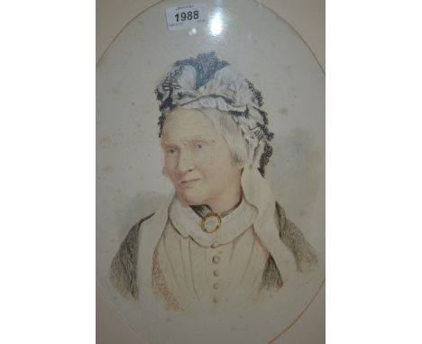 19th Century English school, watercolour, portrait of a lady wearing a bonnet, signed P. Low, 1878