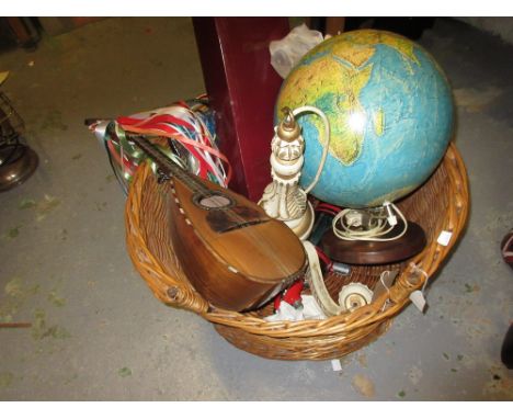 Modern terrestrial globe, wicker dog basket, Art Deco soda siphon and sundries