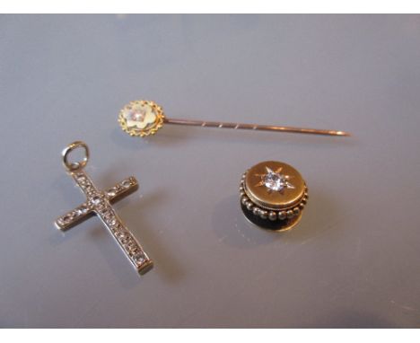 Victorian gold diamond set dress stud together with a diamond set pendant cross and a seed pearl stick pin