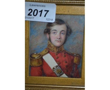 19th Century miniature watercolour portrait of an officer in a red tunic, gilt framed with inscription verso