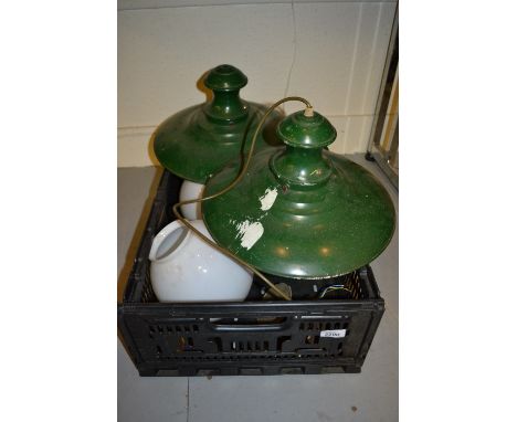 Two green and white enamel finished industrial style pendant lights together with three opaque glass globe shades