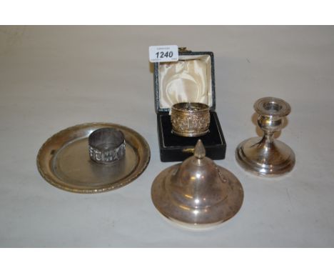 Boxed silver napkin ring, taper stick, silver cover, a dish and napkin ring