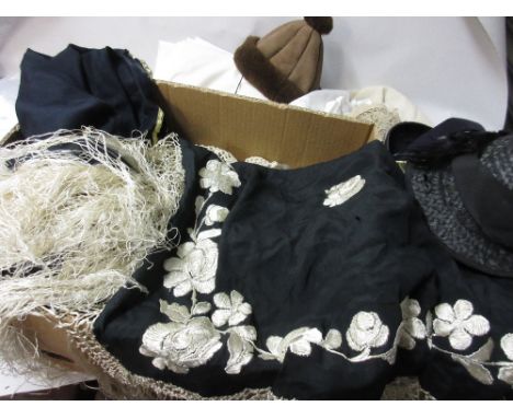 Floral embroidered shawl, gilt needlework dress, various vintage ladies hats and miscellaneous other textiles