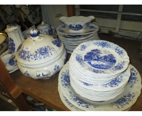 Sarreguemines blue and white transfer printed part dinner and coffee service decorated with flowers and landscapes