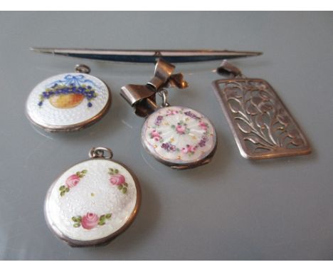 Three various silver enamel decorated lockets and a similar bar brooch, together with an 835 silver pendant