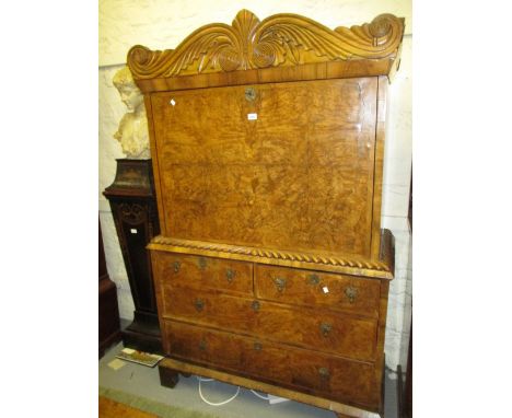 18th / 19th Century Colonial walnut escritoire with a carved foliate cornice above a fall front enclosing drawers / alcoves a