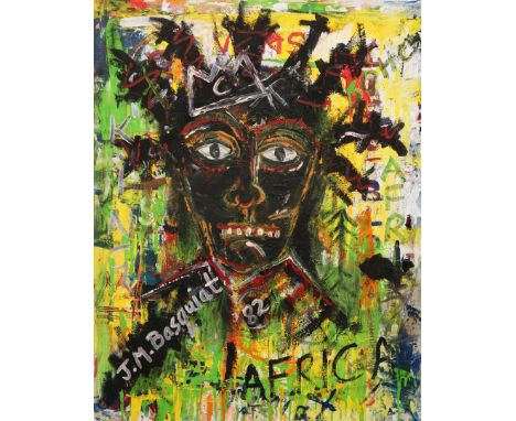AFTER JEAN-MICHEL BASQUIAT, PORTRAIT, bears signature and dated 82, oil on canvas, unframed. 76cm by 61cm