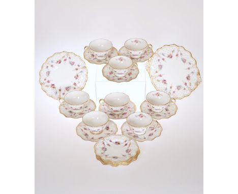 A ROYAL CROWN DERBY "ROYAL ANTOINETTE" TEA SERVICE, comprising seven cups and six saucers, six tea plates, sugar bowl and two