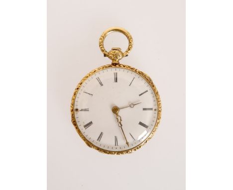 A LADY'S YELLOW METAL OPEN FACE FOB WATCH, LATE 19th CENTURY, PROBABLY SWISS, the scroll and foliate engraved case with stamp