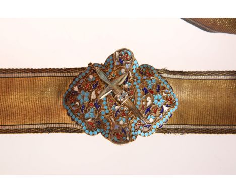 A 19TH CENTURY RUSSIAN SILVER GILT AND CLOISONNE ENAMEL BELT BUCKLE, the two pieces united by a dagger fastening, stamped mar