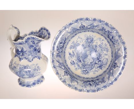 A STAFFORDSHIRE QUEEN VICTORIA COMMEMORATIVE BLUE TRANSFER PRINTED WASH JUG AND BASIN, CIRCA 1838, printed in blue with portr