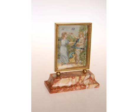 AN EARLY 20TH CENTURY SWISS AUTOMATON CLOCK, the rectangular dial painted with a dancing couple, arched recess at "6" depicti