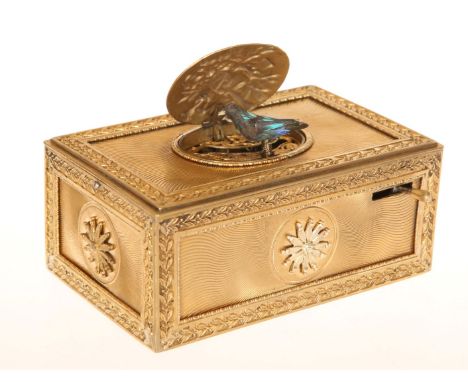 A CONTINENTAL SINGING BIRD AUTOMATON, 19th CENTURY, the gilt-metal box engraved with bands of laurel and mounted with stylise