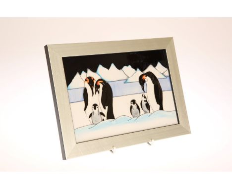 A MOORCROFT "FAMILY ON ICE" PLAQUE, first quality, framed. Overall 19cm by 26.5cm