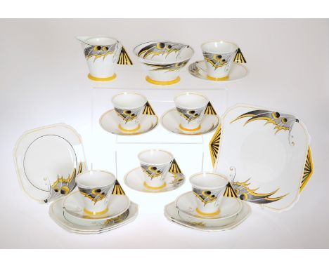 A RARE SHELLEY MODE TEA SERVICE, in the Butterfly Wing pattern, no. 11758, comprising six cups and saucers, six tea plates, c