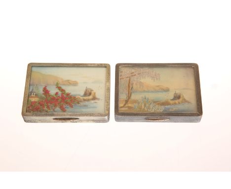 AN UNUSUAL PAIR OF GEORGE V SILVER AND NEEDLEWORK BOXES OR COMPACTS, W.H. MANTON LTD, BIRMINGHAM 1934, each of rectangular fo