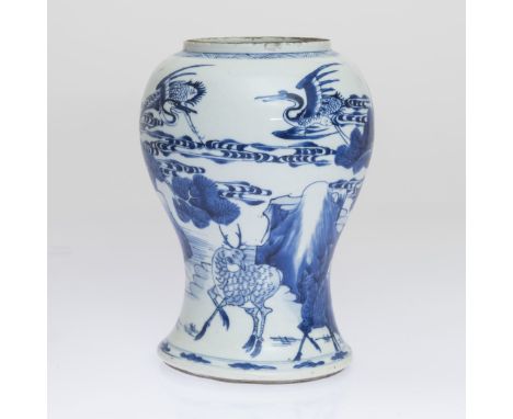 A CHINESE BLUE AND WHITE "DEER AND CRANES" JAR, PROBABLY KANGXI PERIOD, painted in brilliant cobalt blue tones around the bro