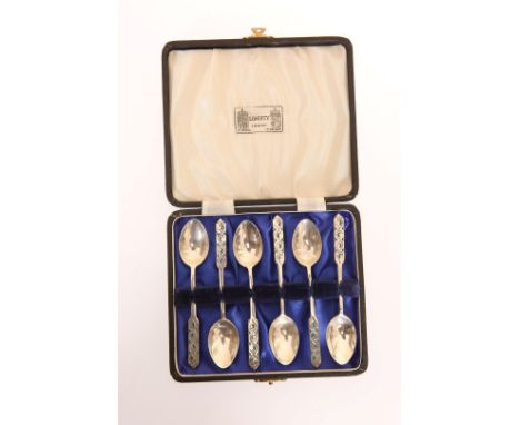 A SET OF SIX LIBERTY & CO SILVER AND ENAMEL SPOONS, Birmingham 1953, in original fitted box.