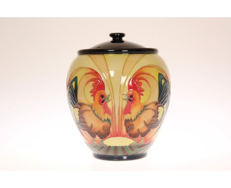 A MOORCROFT "COCKEREL" LIDDED VASE, trial, first quality. 13cm