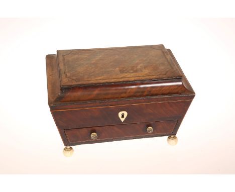 A GEORGE III MAHOGANY SEWING BOX, the hinged caddy top with chequered stringing, with ivory escutcheon and four bone ball fee