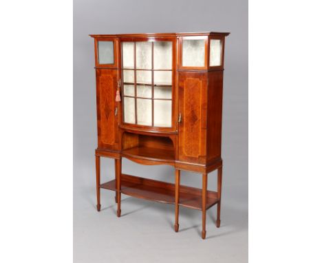 AN EDWARDIAN INLAID MAHOGANY VITRINE, with bowed astragal glazed door flanked by inlaid cupboard doors, raised on square sect