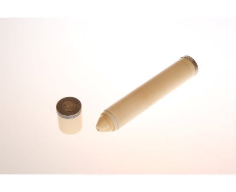 ASPREY & CO., A 19th CENTURY SILVER-MOUNTED IVORY POWDER FLASK, of cylindrical form, capped to cover and foot in engraved sil