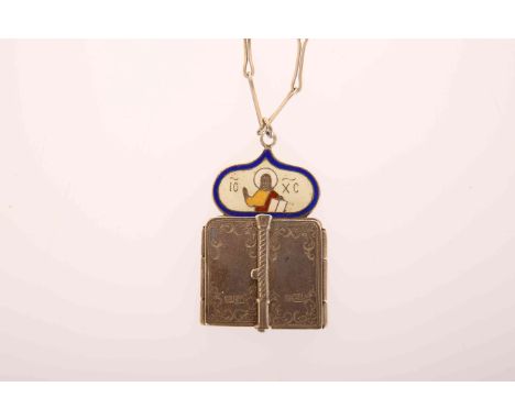 A RUSSIAN SILVER AND ENAMEL TRAVELLING PENDANT TRIPTYCH, maker's mark AH and hallmarks for Moscow and 84 grade, the polychrom