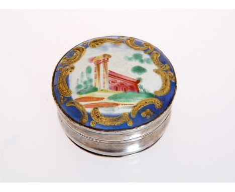 AN EARLY 19th CENTURY ENAMEL AND SILVER-PLATED PATCH BOX, the cover decorated with a Classical building within gilt Rococo c-