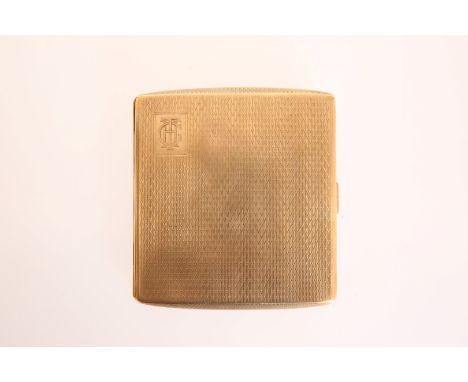 A GEORGE V 9 CARAT GOLD CIGARETTE CASE, London 1928, presentation inscription to the interior, monogrammed and engine turned.