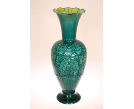 A LARGE LINTHORPE POTTERY TURQUOISE GLAZED VASE, in Hispano-Moresque style, the trumpet neck with wavy rim, the shoulders wit