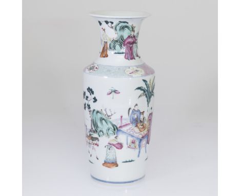 A CHINESE FAMILLE ROSE VASE, 19TH CENTURY, enamel painted with figures and a horse and cart, the neck further painted with fi