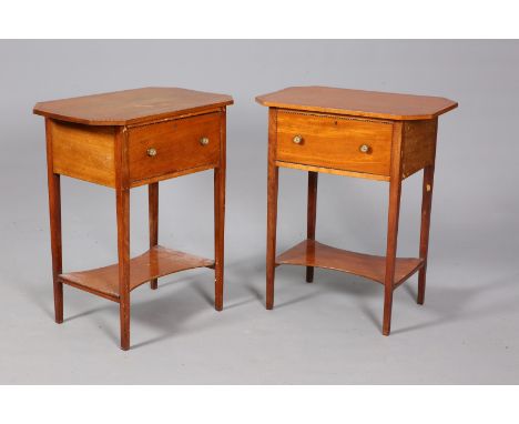 A PAIR OF EDWARDIAN INLAID MAHOGANY BEDSIDE TABLES, each chequer inlaid rectangular top with canted corners above a drawer wi