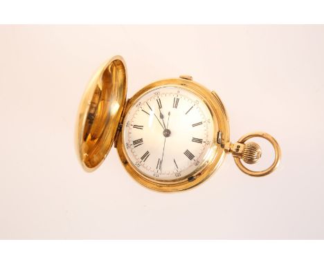 A VICTORIAN 18 CARAT GOLD REPEATER HUNTER WATCH, the case hallmarked Birmingham 1883, the movement unsigned, white enamel dia
