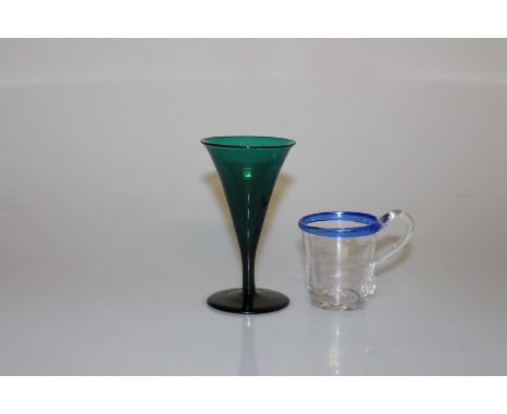 AN UNUSUAL MID-18th CENTURY GLASS CUSTARD CUP, with moulded blue glass rim; together with a late 18th century green glass win