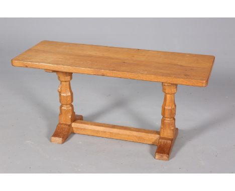 ROBERT THOMPSON OF KILBURN, A MOUSEMAN OAK COFFEE TABLE, of refectory type, carved mouse signature. 44cm by 91cm by 37cm