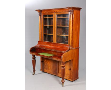 A 19TH CENTURY MAHOGANY SECRETAIRE BOOKCASE, with bead and reel moulding over a pair of glazed doors flanked by tapering colu