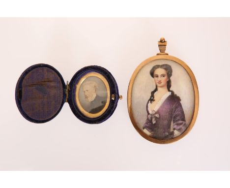 A PORTRAIT MINIATURE OF A GIRL IN 18th CENTURY DRESS, oval, watercolour on ivory, in a yellow metal frame with blue glass foi