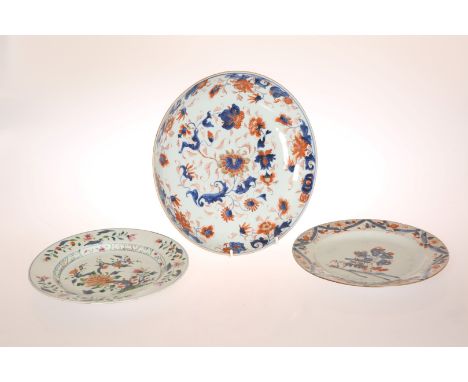 A CHINESE PORCELAIN DISH IN THE IMARI PALETTE, LATE 18th CENTURY, of shallow circular form; together with two Chinese Imari p