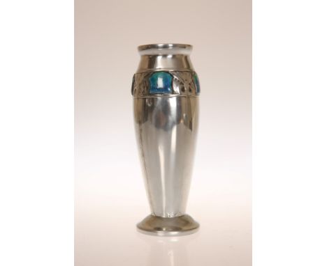 ARCHIBALD KNOX (1864-1933) FOR LIBERTY & COA TUDRIC PEWTER AND ENAMEL POSY VASE, NO. 02460, of elongated ovoid form, cast in 