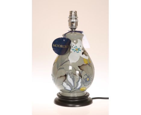 A MOORCROFT "MONTANA GREY " TABLE LAMP, with shade, first quality. Total height 46cm