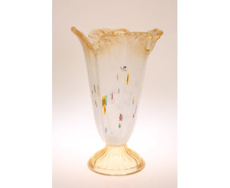 A LARGE MURANO GLASS VASE, the tapered and faceted body decorated with canes and applied to the interior with white enamel, A