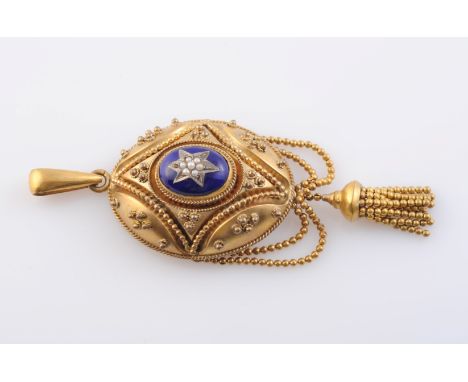A MID 19TH CENTURY SEED PEARL AND ENAMEL LOCKET PENDANT, the large oval moulded mount with elaborate symmetrical beaded and s